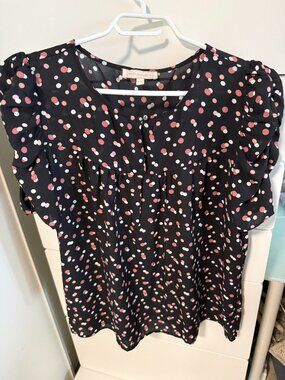 Black with Pink Dots Ruched Short Sleeve Blouse